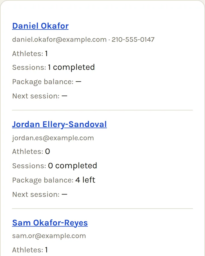 The client list: three clients with their athletes, sessions completed, package balance, and next session