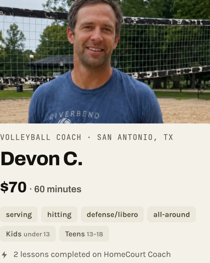 A coach page on a phone: photo, name, sport, rate per lesson, focus areas, and the Request a lesson button