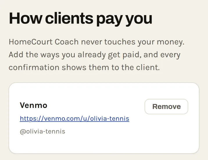 The coach's payment screen, titled How clients pay you: a Venmo link the coach added, and the note that every confirmation shows it to the client