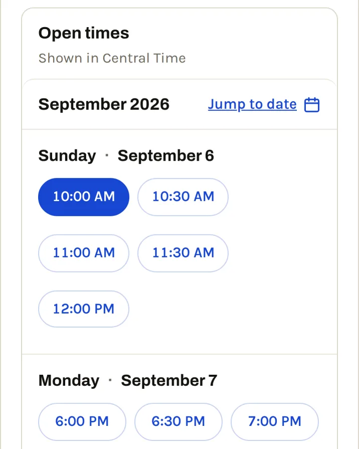 The client picks one of the coach's open times on the coach's page: Sunday September 6, 10:00 AM selected