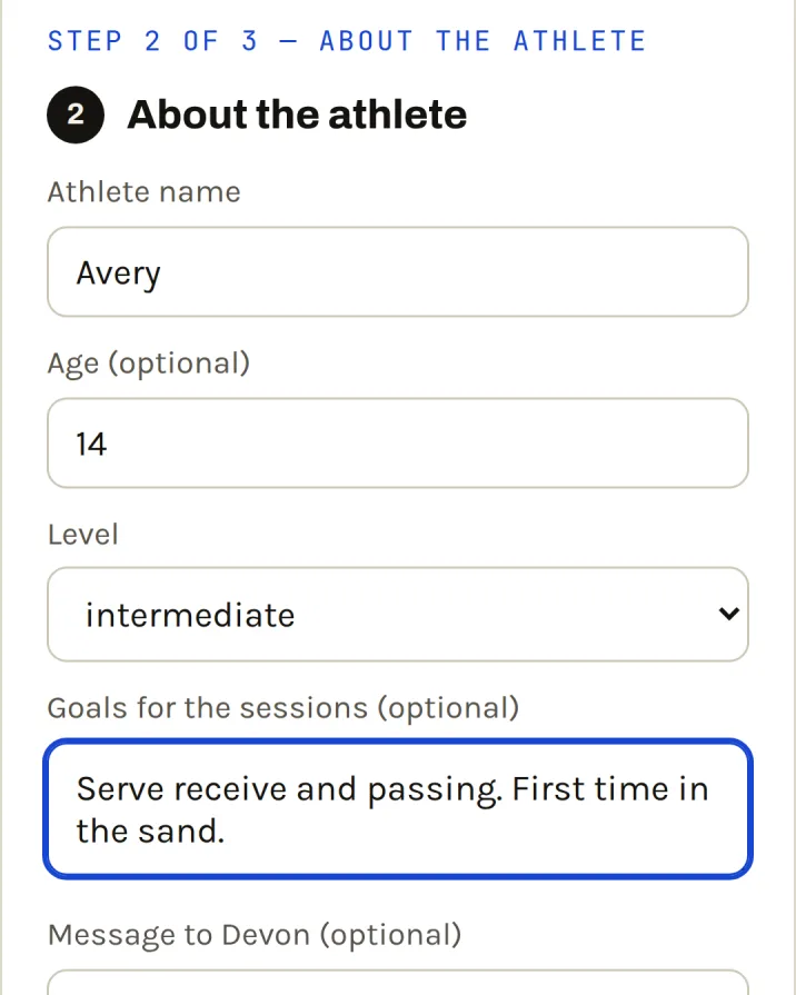 Step 2 of 3, About the athlete: name Avery, age 14, level intermediate, goals for the sessions