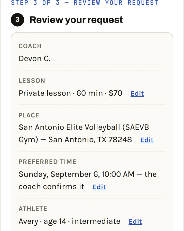 Step 3 of 3, Review your request: coach, lesson, place, preferred time, athlete, each with an Edit link